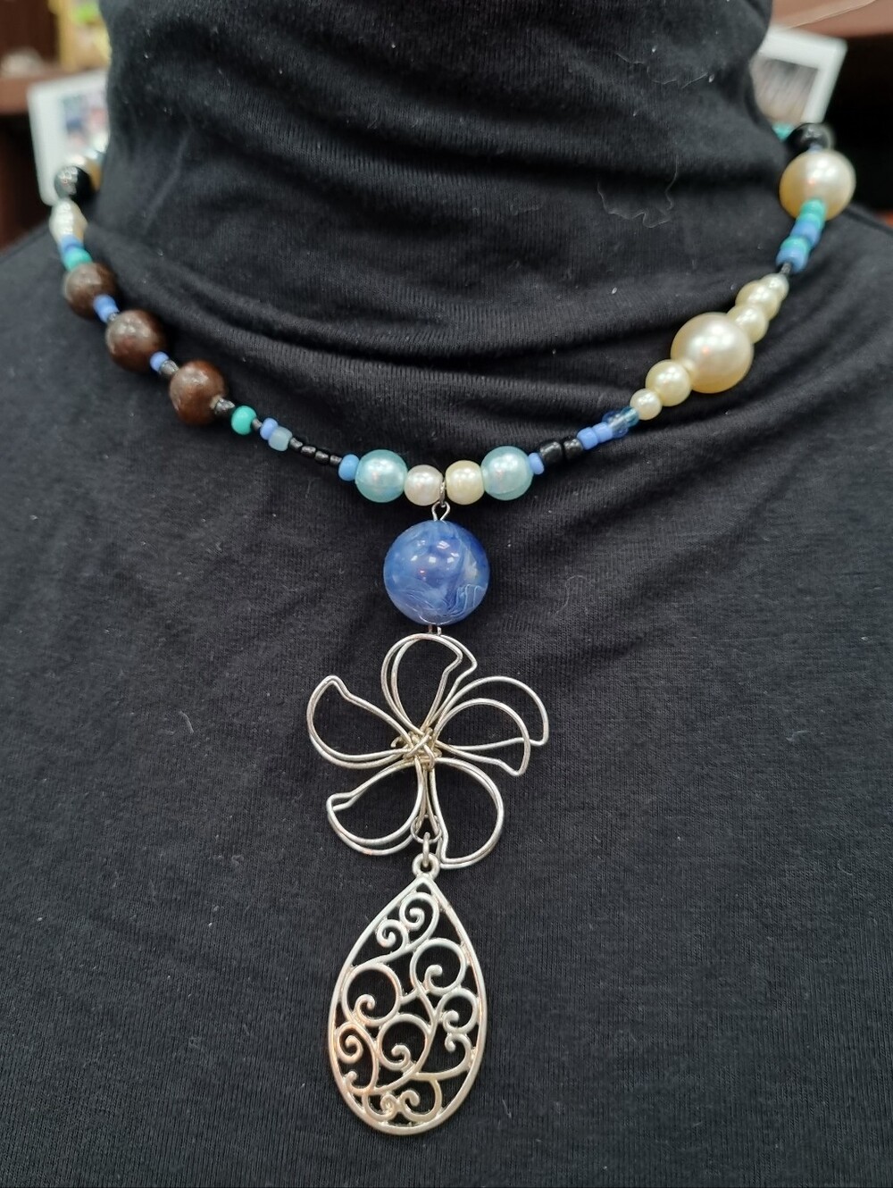 SLS Creation | Ooak Teal And Blue With Pearls Y2K Asymmetrical Necklace